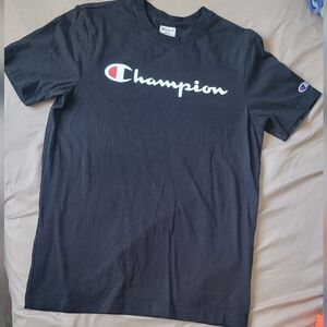 Champion Black Short Sleeve Logo Tee with White & Red Accent